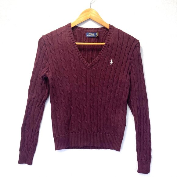 Polo Ralph Lauren Cable Knit Sweater Womens Medium Burgundy Pony Logo Y2K Style - Picture 1 of 15